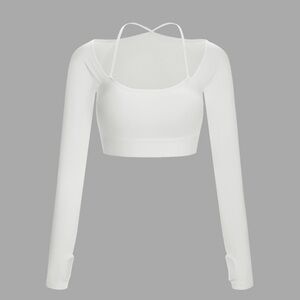 White Ribbed Halter Strap Thumb Hole Yoga Sports Top